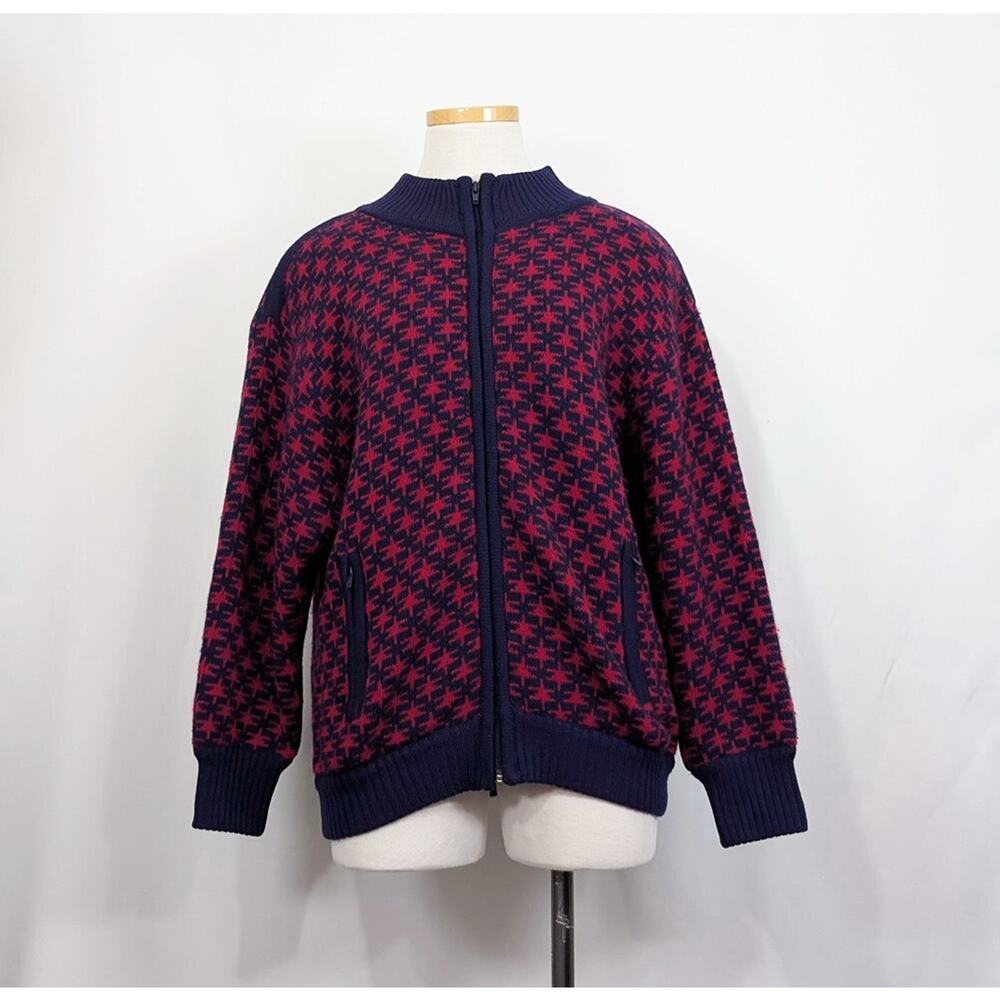 Vintage 80s Cardigan Sweater Blue Red Wool Blend Misses Size S